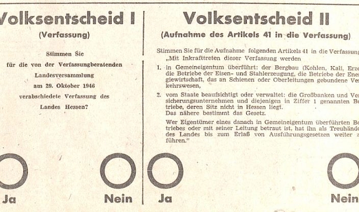 Stimmzettel für das Referendum über die Hessische Verfassung und Artikel 41, Abdruck in der Fuldaer Volkszeitung am 30. November 1946