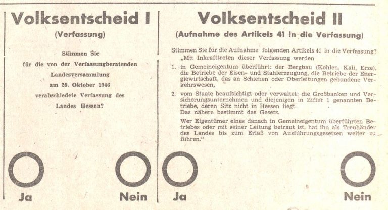 Stimmzettel für das Referendum über die Hessische Verfassung und Artikel 41, Abdruck in der Fuldaer Volkszeitung am 30. November 1946